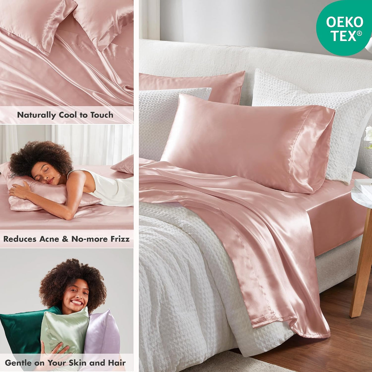 Essentials Satin Sheets Full Size Bed Set, 6 Piece, Blush