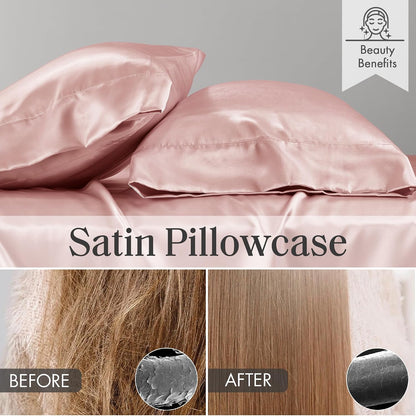 Essentials Satin Sheets Full Size Bed Set, 6 Piece, Blush