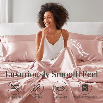Essentials Satin Sheets Full Size Bed Set, 6 Piece, Blush