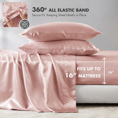 Essentials Satin Sheets Full Size Bed Set, 6 Piece, Blush
