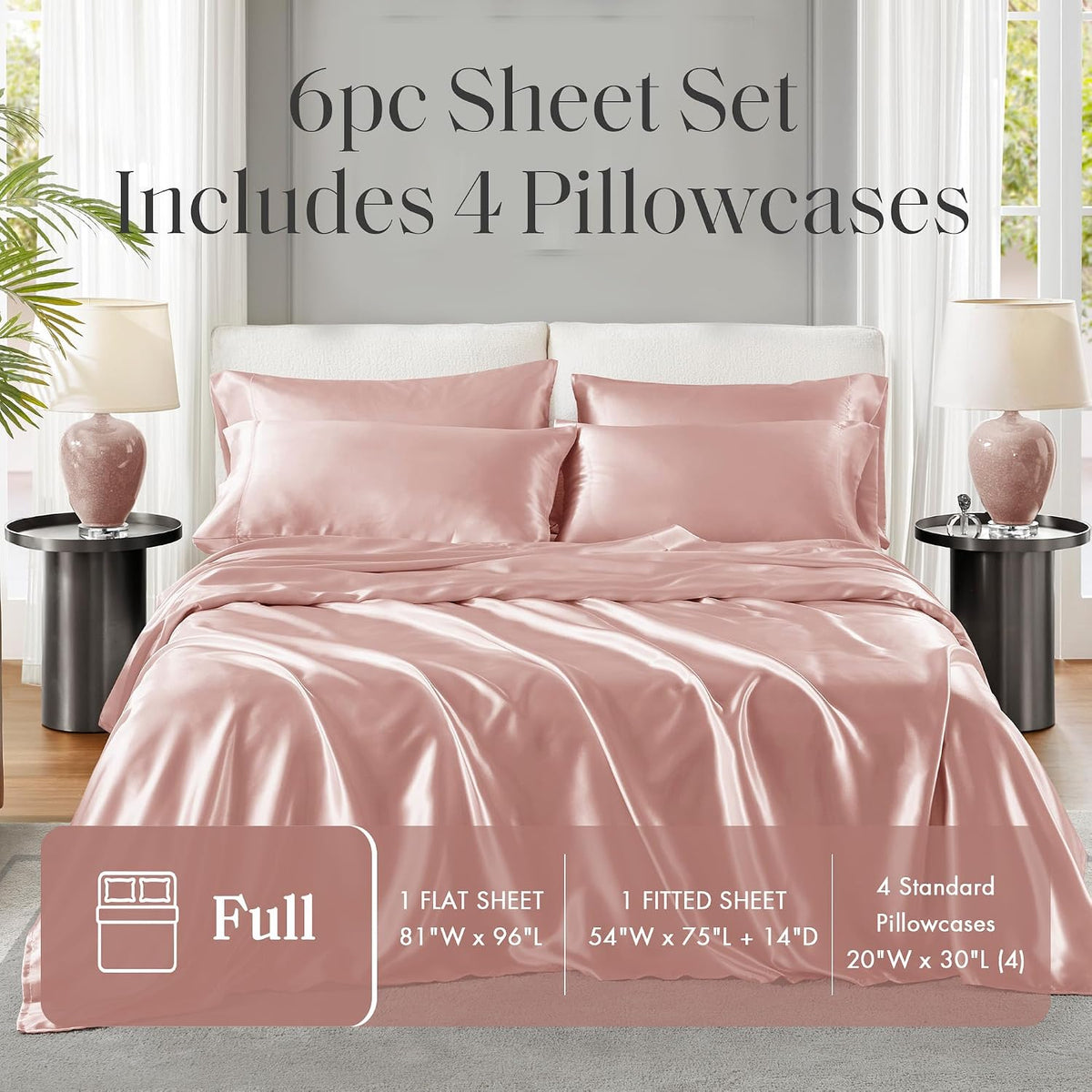Essentials Satin Sheets Full Size Bed Set, 6 Piece, Blush