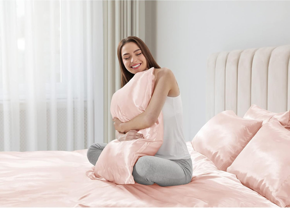 Essentials Satin Sheets Full Size Bed Set, 6 Piece, Blush