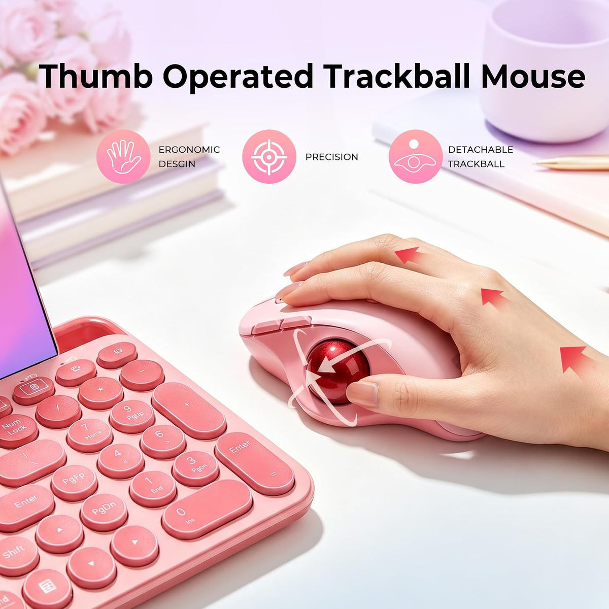 seenda Wireless Trackball Mouse, Ergonomic Bluetooth Rollerball Mouse,Pink