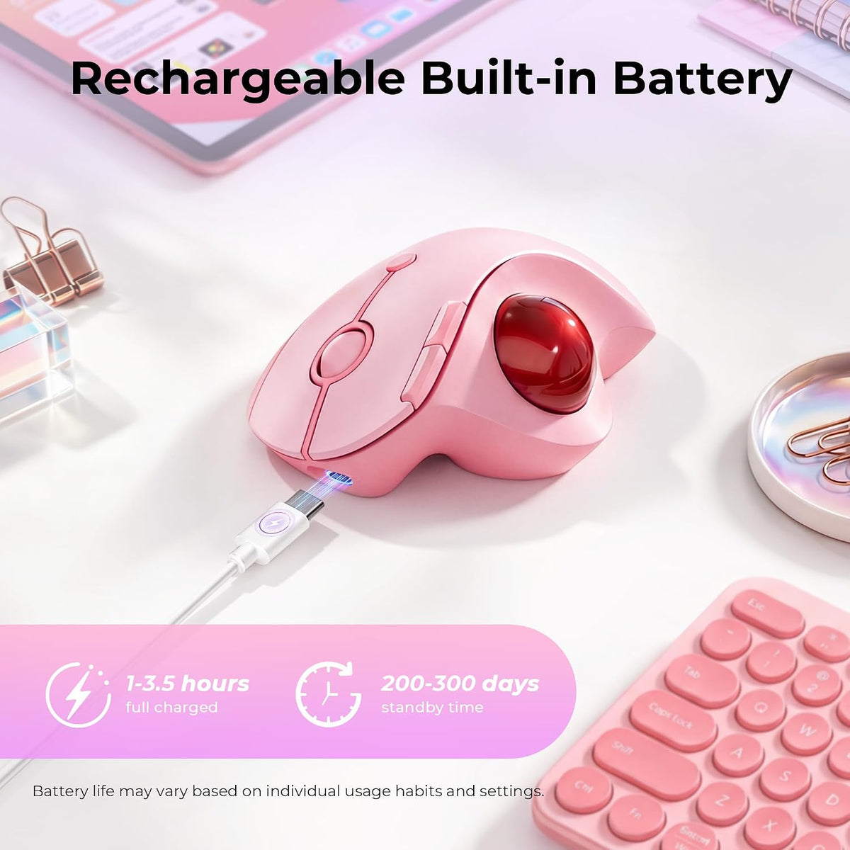 seenda Wireless Trackball Mouse, Ergonomic Bluetooth Rollerball Mouse,Pink