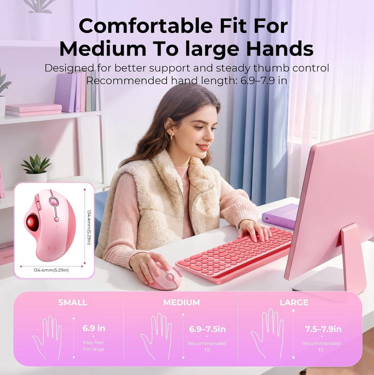 seenda Wireless Trackball Mouse, Ergonomic Bluetooth Rollerball Mouse,Pink