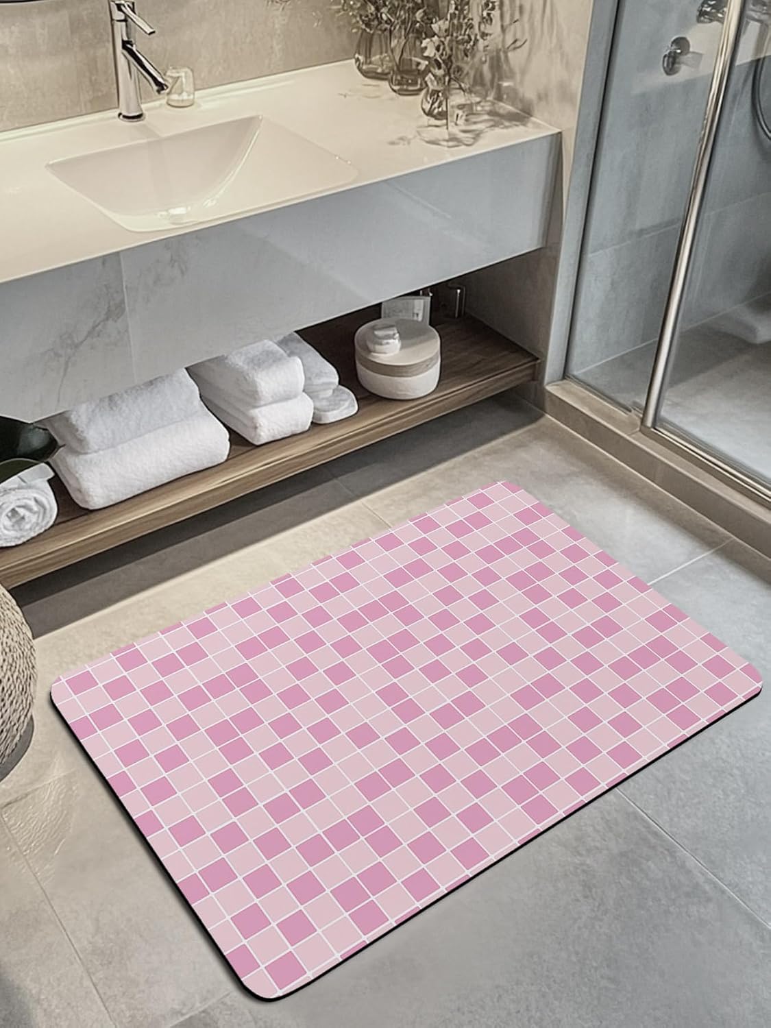 Modern Geometric Square Lattice Bath Rug Diatomite Shower Mat, Absorbent Bath Mat Non Slip Quick Dry Bathroom Rugs for Shower Bathtub Sink Kitchen Pink Buffalo Checker Ombre