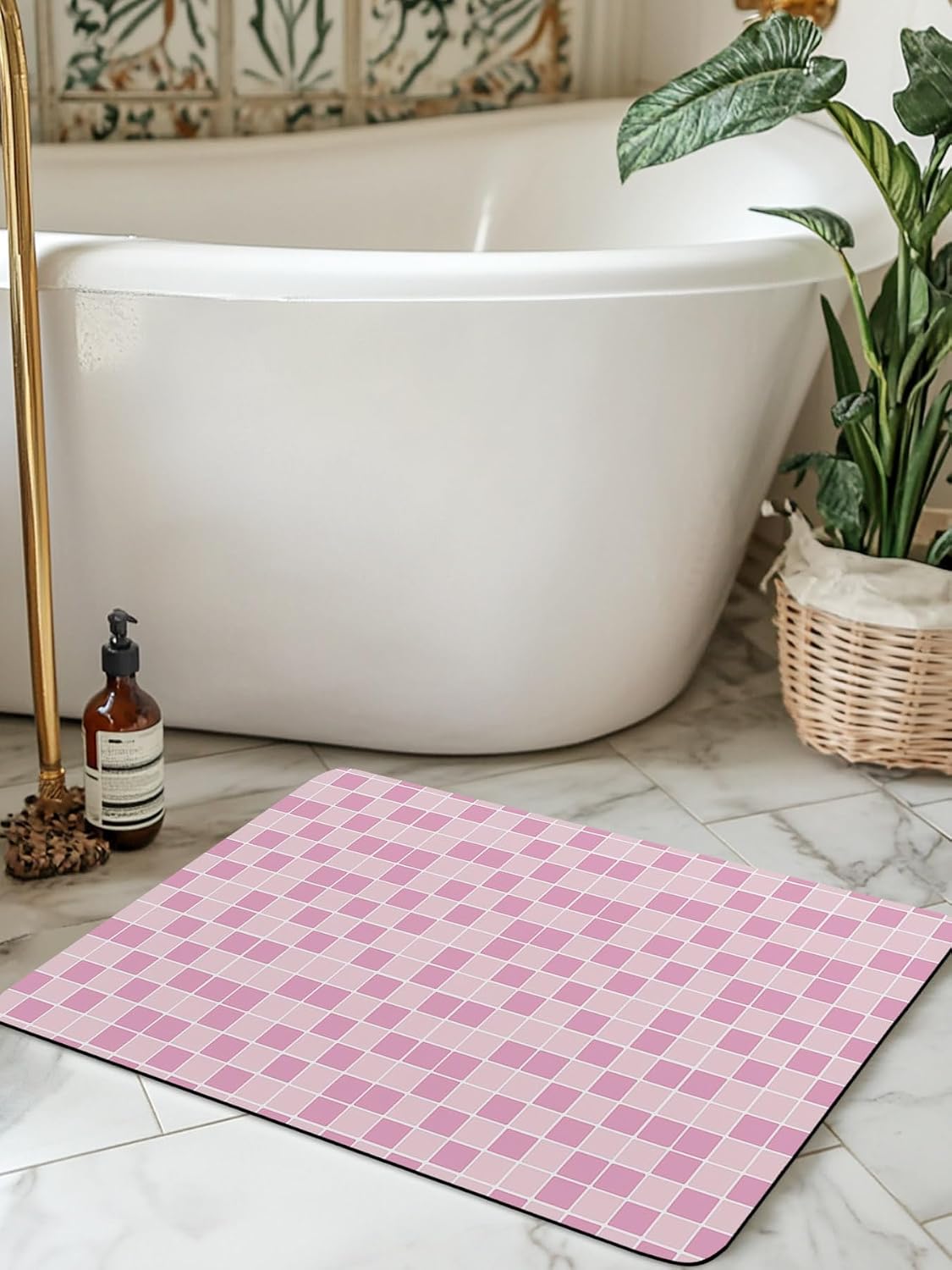 Modern Geometric Square Lattice Bath Rug Diatomite Shower Mat, Absorbent Bath Mat Non Slip Quick Dry Bathroom Rugs for Shower Bathtub Sink Kitchen Pink Buffalo Checker Ombre