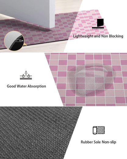Modern Geometric Square Lattice Bath Rug Diatomite Shower Mat, Absorbent Bath Mat Non Slip Quick Dry Bathroom Rugs for Shower Bathtub Sink Kitchen Pink Buffalo Checker Ombre