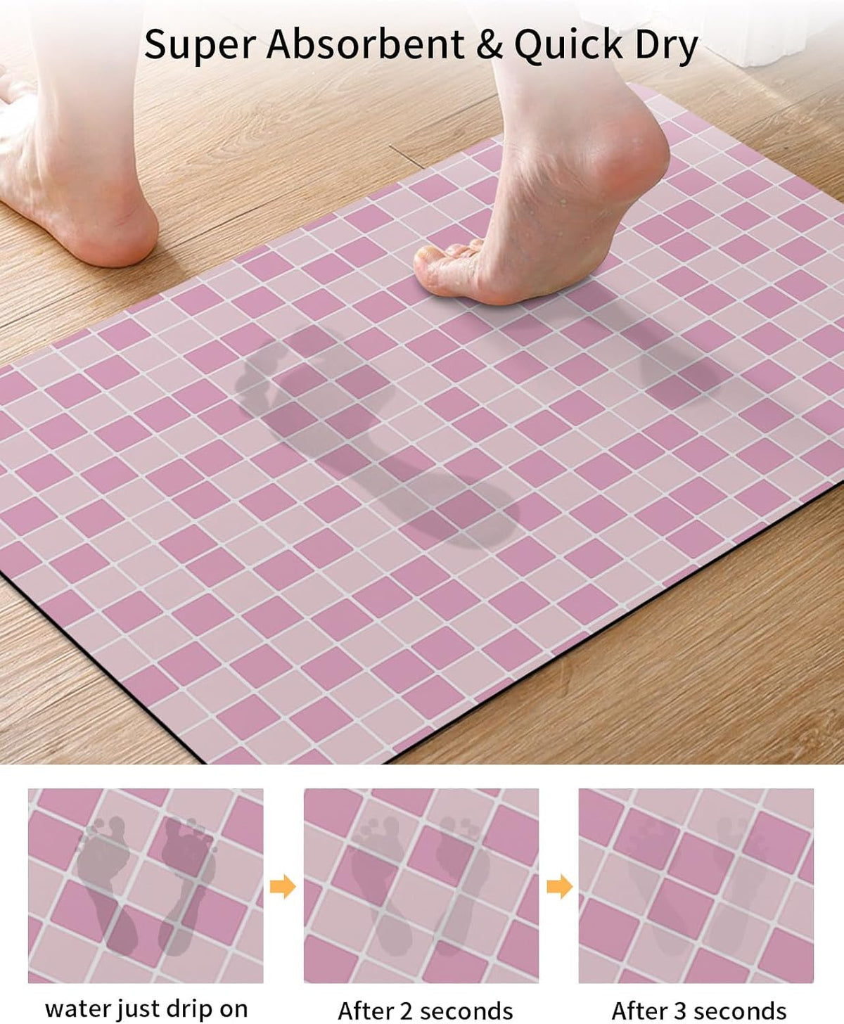 Modern Geometric Square Lattice Bath Rug Diatomite Shower Mat, Absorbent Bath Mat Non Slip Quick Dry Bathroom Rugs for Shower Bathtub Sink Kitchen Pink Buffalo Checker Ombre