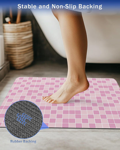 Modern Geometric Square Lattice Bath Rug Diatomite Shower Mat, Absorbent Bath Mat Non Slip Quick Dry Bathroom Rugs for Shower Bathtub Sink Kitchen Pink Buffalo Checker Ombre