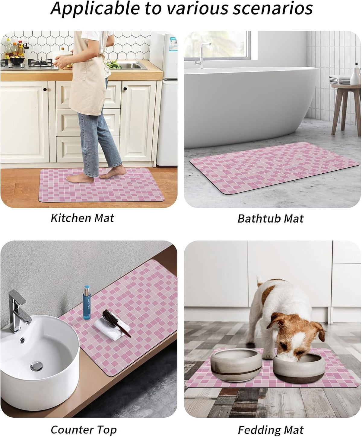 Modern Geometric Square Lattice Bath Rug Diatomite Shower Mat, Absorbent Bath Mat Non Slip Quick Dry Bathroom Rugs for Shower Bathtub Sink Kitchen Pink Buffalo Checker Ombre