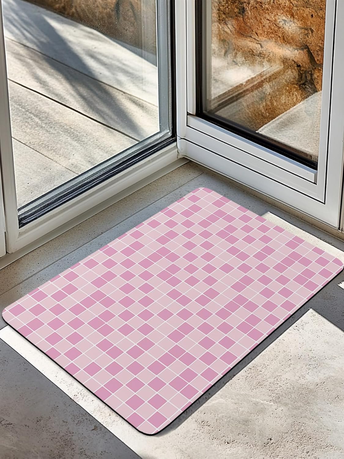 Modern Geometric Square Lattice Bath Rug Diatomite Shower Mat, Absorbent Bath Mat Non Slip Quick Dry Bathroom Rugs for Shower Bathtub Sink Kitchen Pink Buffalo Checker Ombre