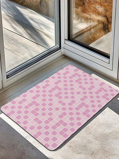 Modern Geometric Square Lattice Bath Rug Diatomite Shower Mat, Absorbent Bath Mat Non Slip Quick Dry Bathroom Rugs for Shower Bathtub Sink Kitchen Pink Buffalo Checker Ombre