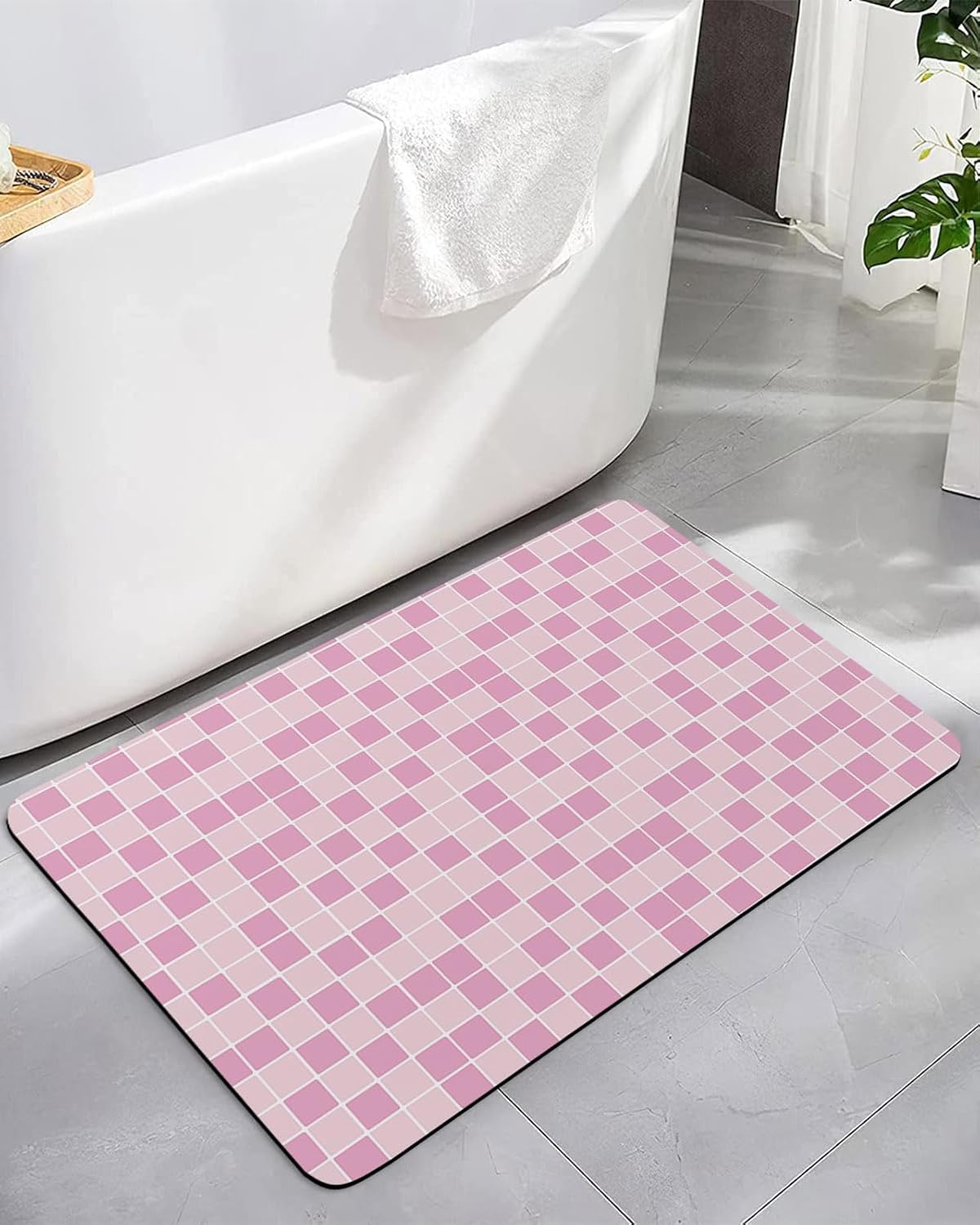 Modern Geometric Square Lattice Bath Rug Diatomite Shower Mat, Absorbent Bath Mat Non Slip Quick Dry Bathroom Rugs for Shower Bathtub Sink Kitchen Pink Buffalo Checker Ombre