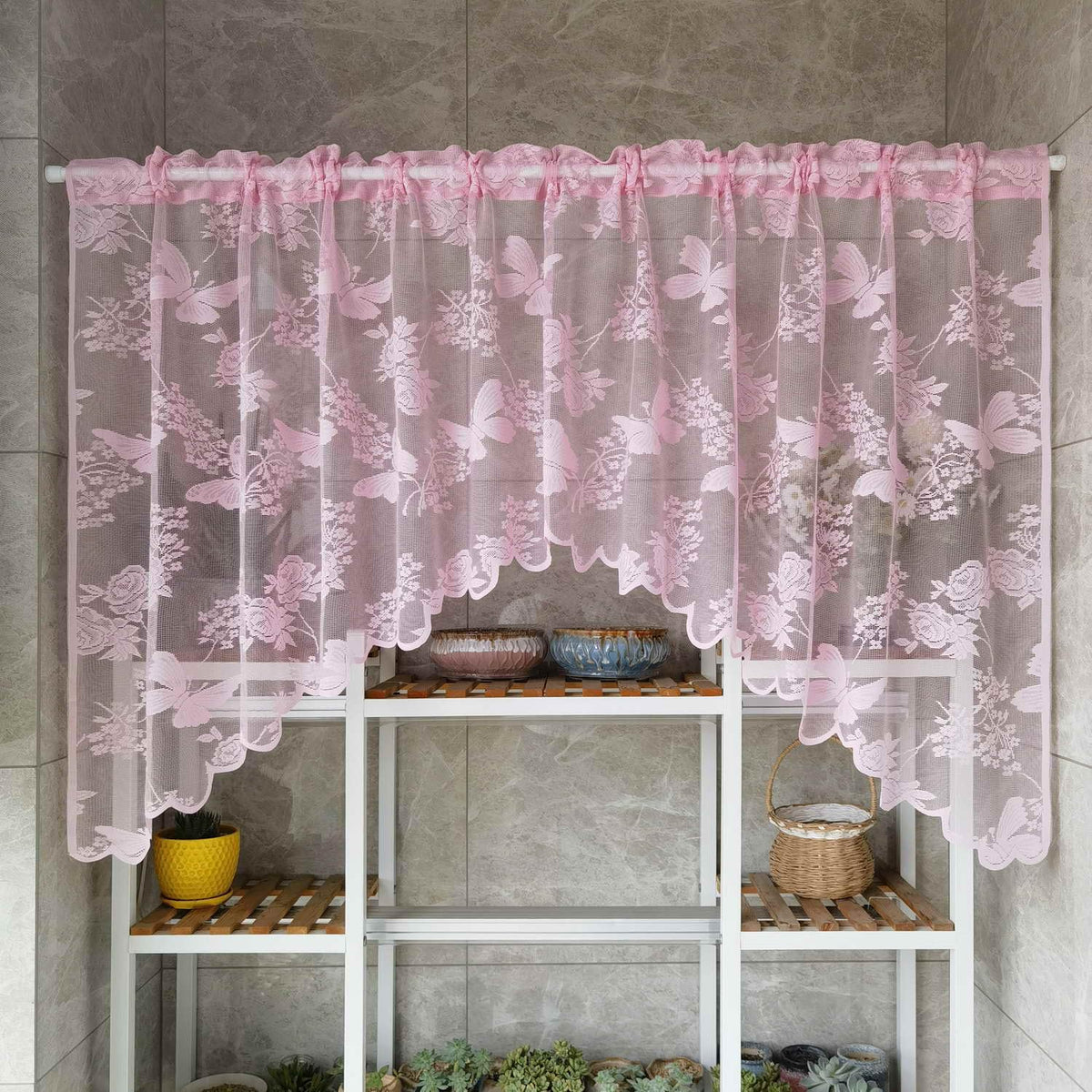Pink Lace Kitchen Sheer Swag Curtain Valance for Bathroom Cafe Curtain
