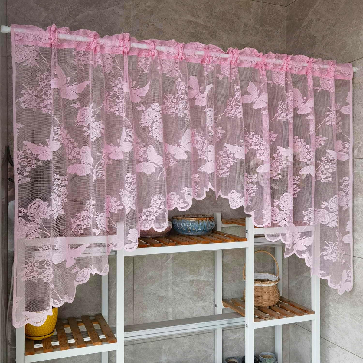 Pink Lace Kitchen Sheer Swag Curtain Valance for Bathroom Cafe Curtain