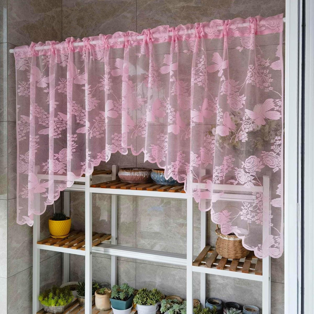 Pink Lace Kitchen Sheer Swag Curtain Valance for Bathroom Cafe Curtain