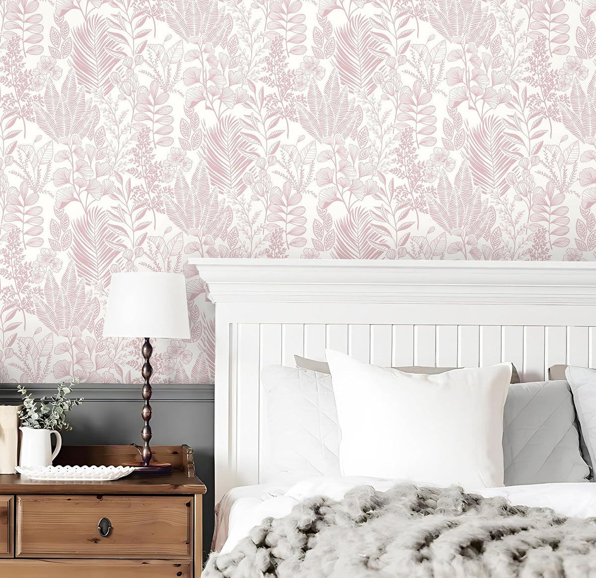 17.3''x197'' Peel and Stick Wallpaper Pink Leaf Floral Wall Paper Self Adhesive Removable Waterproof Contact Paper for Bedroom Bathroom Living Room Decor