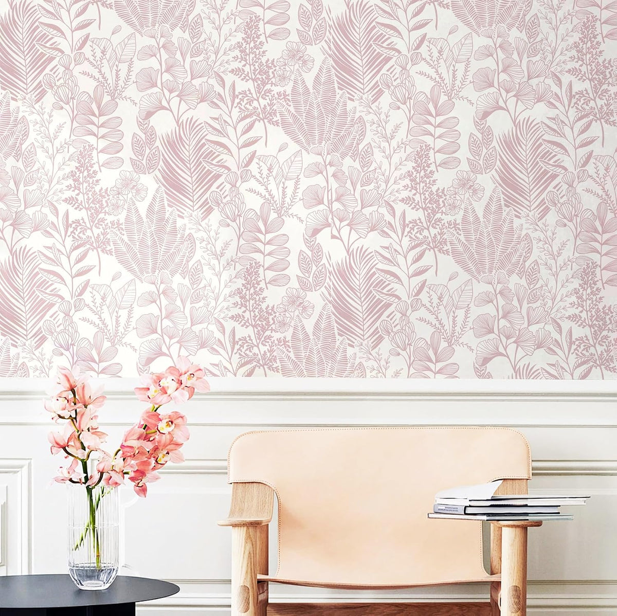 17.3''x197'' Peel and Stick Wallpaper Pink Leaf Floral Wall Paper Self Adhesive Removable Waterproof Contact Paper for Bedroom Bathroom Living Room Decor