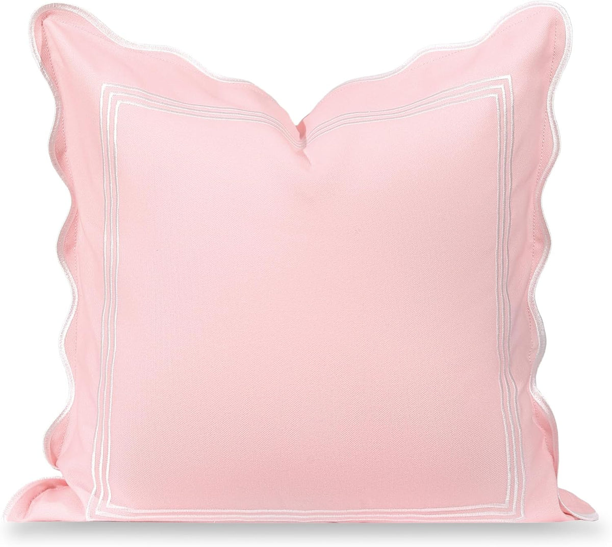 Coastal Grandmillennial Scalloped Patio Indoor Outdoor Throw Pillow Cover Only, 20"x20" Water Repellent for Backyard, Couch, Poolside, Blush Pink Embroidered Frame