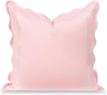 Coastal Grandmillennial Scalloped Patio Indoor Outdoor Throw Pillow Cover Only, 20"x20" Water Repellent for Backyard, Couch, Poolside, Blush Pink Embroidered Frame