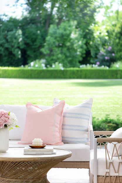 Coastal Grandmillennial Scalloped Patio Indoor Outdoor Throw Pillow Cover Only, 20"x20" Water Repellent for Backyard, Couch, Poolside, Blush Pink Embroidered Frame