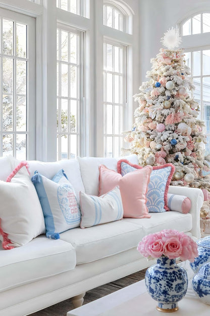 Coastal Grandmillennial Scalloped Patio Indoor Outdoor Throw Pillow Cover Only, 20"x20" Water Repellent for Backyard, Couch, Poolside, Blush Pink Embroidered Frame