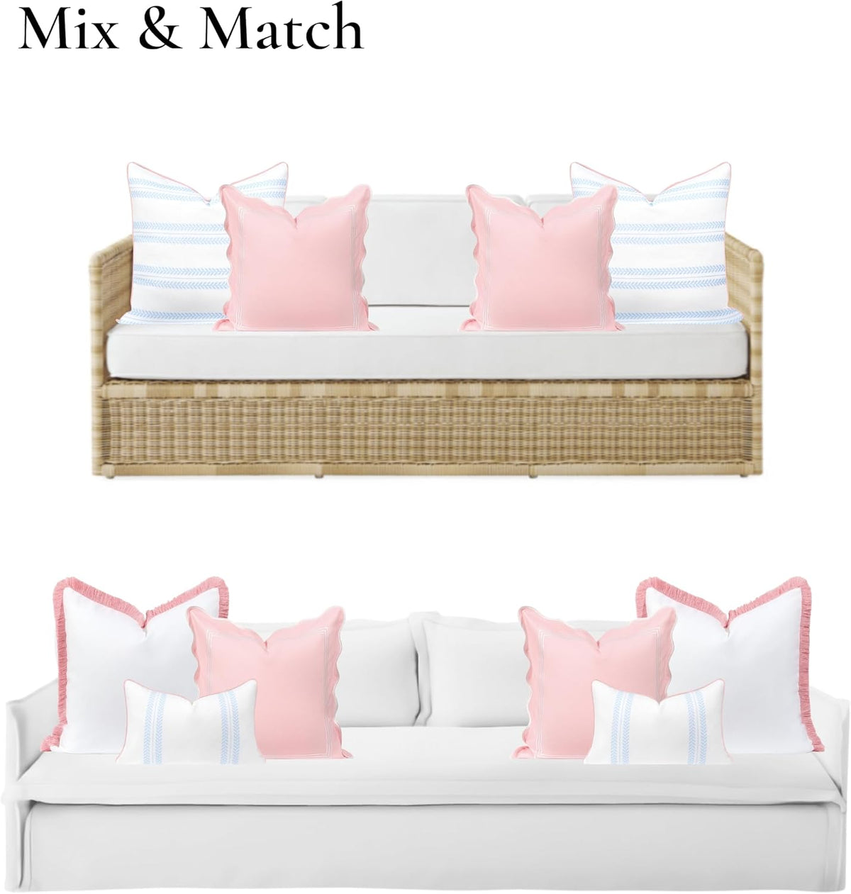 Coastal Grandmillennial Scalloped Patio Indoor Outdoor Throw Pillow Cover Only, 20"x20" Water Repellent for Backyard, Couch, Poolside, Blush Pink Embroidered Frame