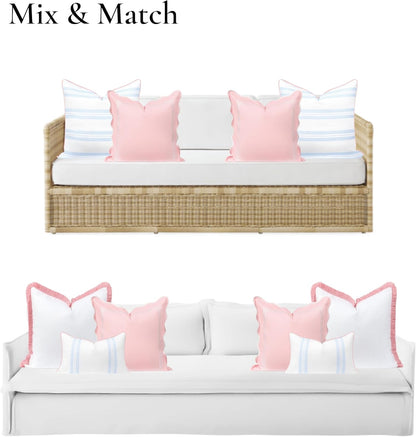Coastal Grandmillennial Scalloped Patio Indoor Outdoor Throw Pillow Cover Only, 20"x20" Water Repellent for Backyard, Couch, Poolside, Blush Pink Embroidered Frame