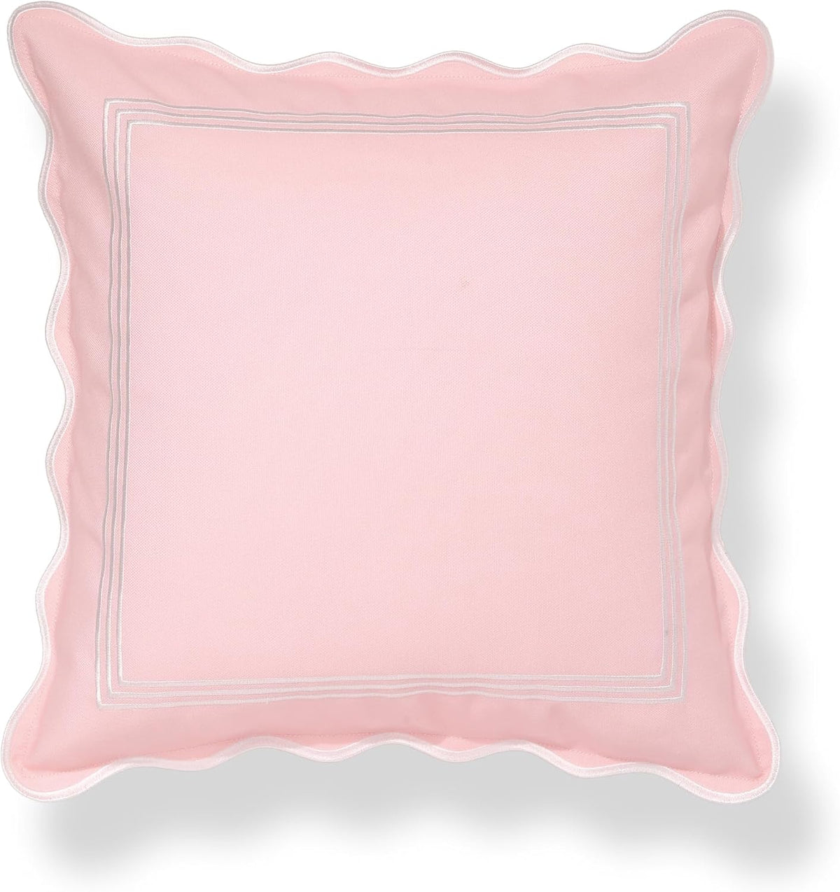 Coastal Grandmillennial Scalloped Patio Indoor Outdoor Throw Pillow Cover Only, 20"x20" Water Repellent for Backyard, Couch, Poolside, Blush Pink Embroidered Frame