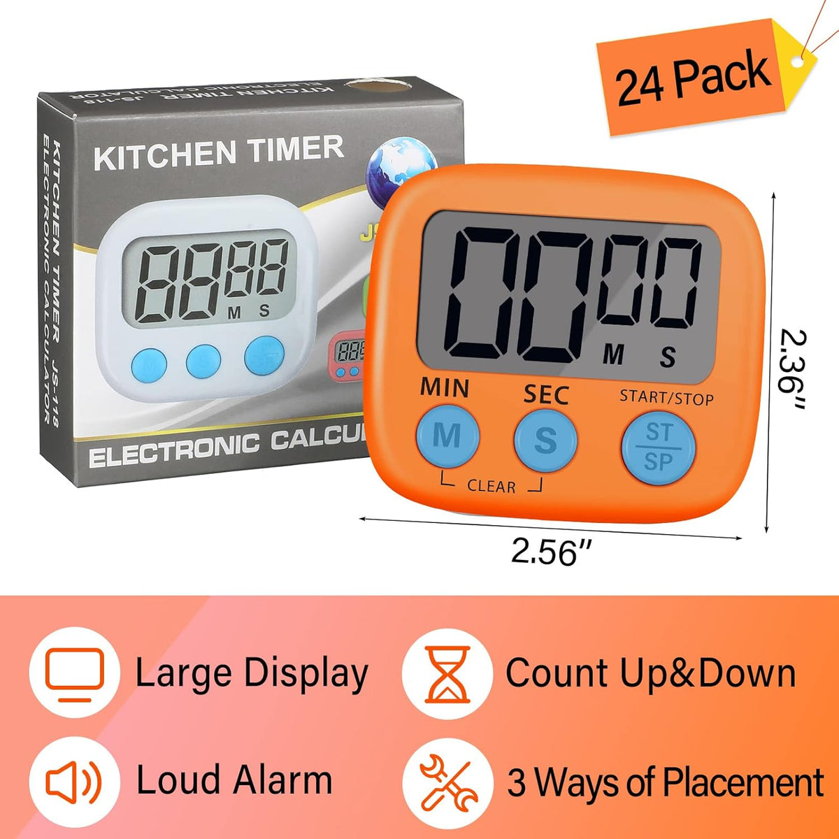 24 Pcs Digital Kitchen Timer Magnetic Timer Bulk On/Off Switch Minute Second Count up Countdown Loud Alarm for Exercise Cook Baking (Pink,Orange)