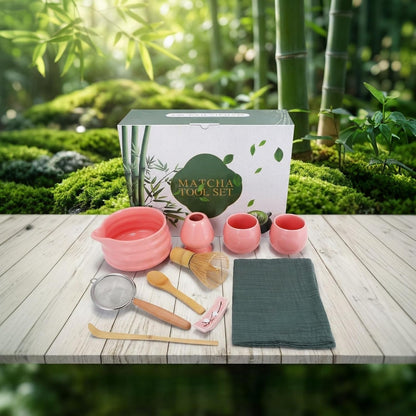 Matcha Tool Set, 10 Piece Traditional Japanese Tea Ceremony Kit with Bamboo Whisk, Ceramic Bowls, Cups, Strainer, Spoons, Holder and Cloth (pink)