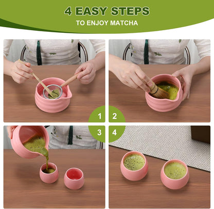 Matcha Tool Set, 10 Piece Traditional Japanese Tea Ceremony Kit with Bamboo Whisk, Ceramic Bowls, Cups, Strainer, Spoons, Holder and Cloth (pink)