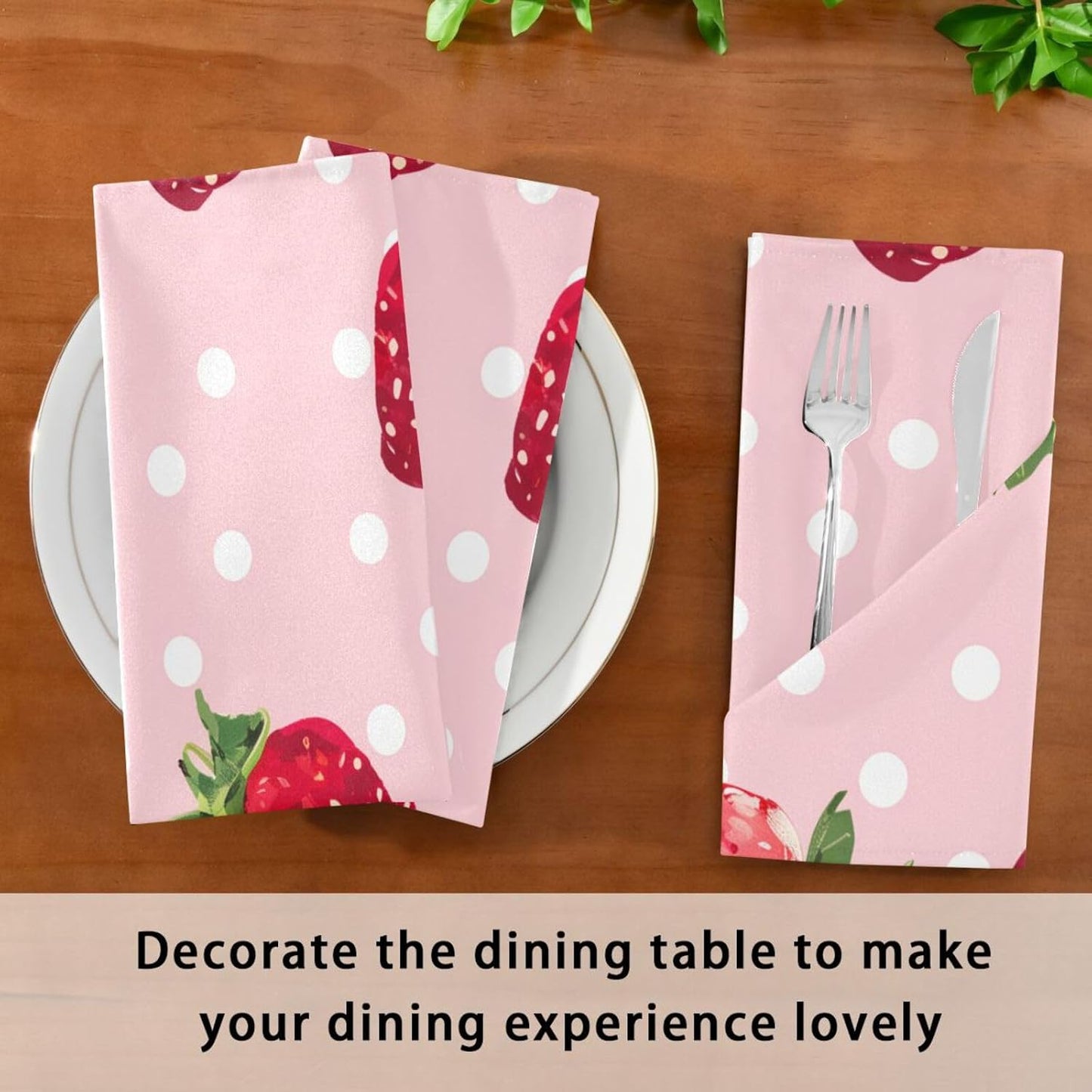 susiyo Pink Strawberry White Dots Cloth Napkins 6 Pcs 20x20 inch Polyester Cocktail Napkins Set for Dinner Decorative