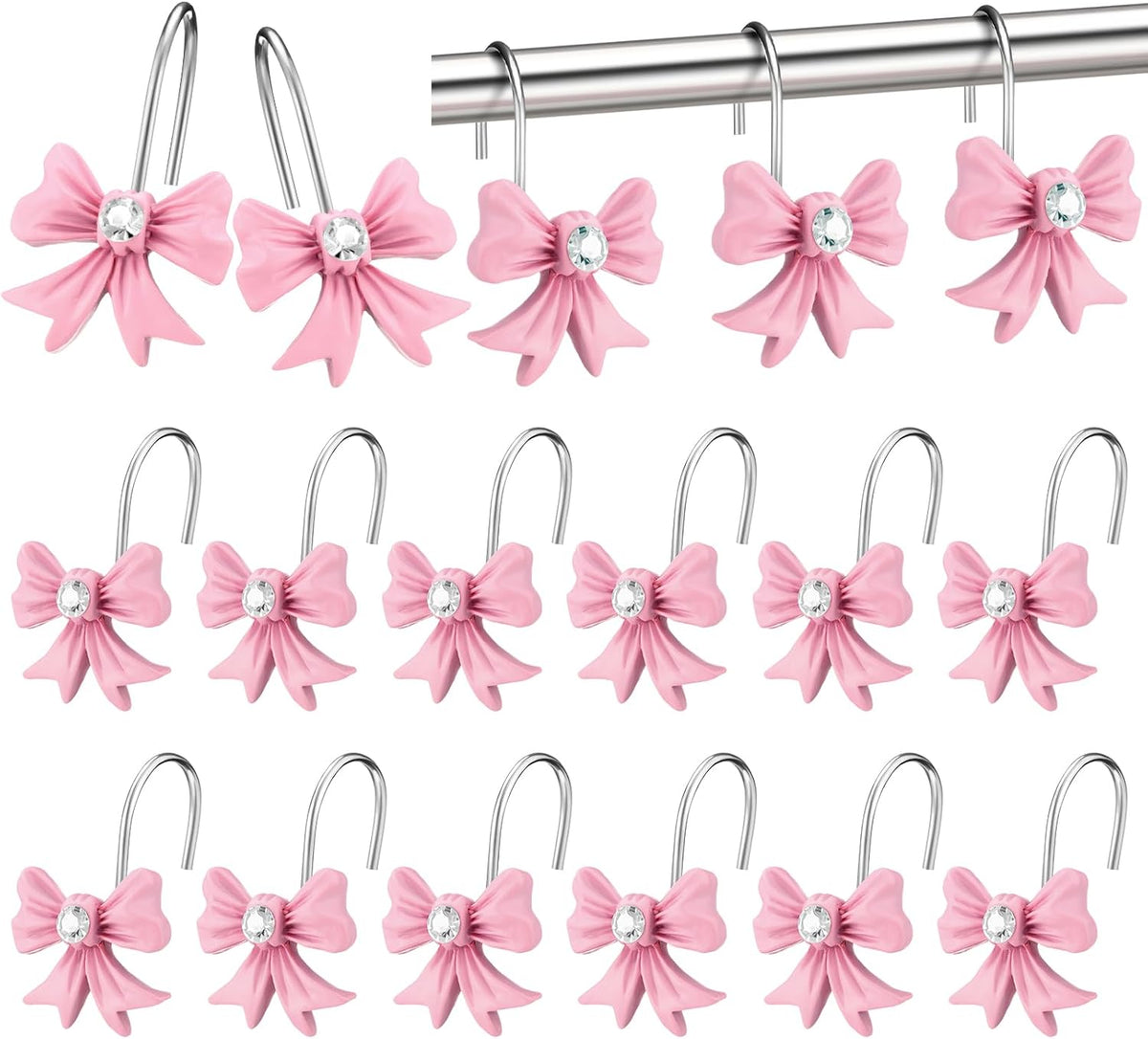 12 Pcs Pink Bow Curtain Shower Hooks, Stainless Steel