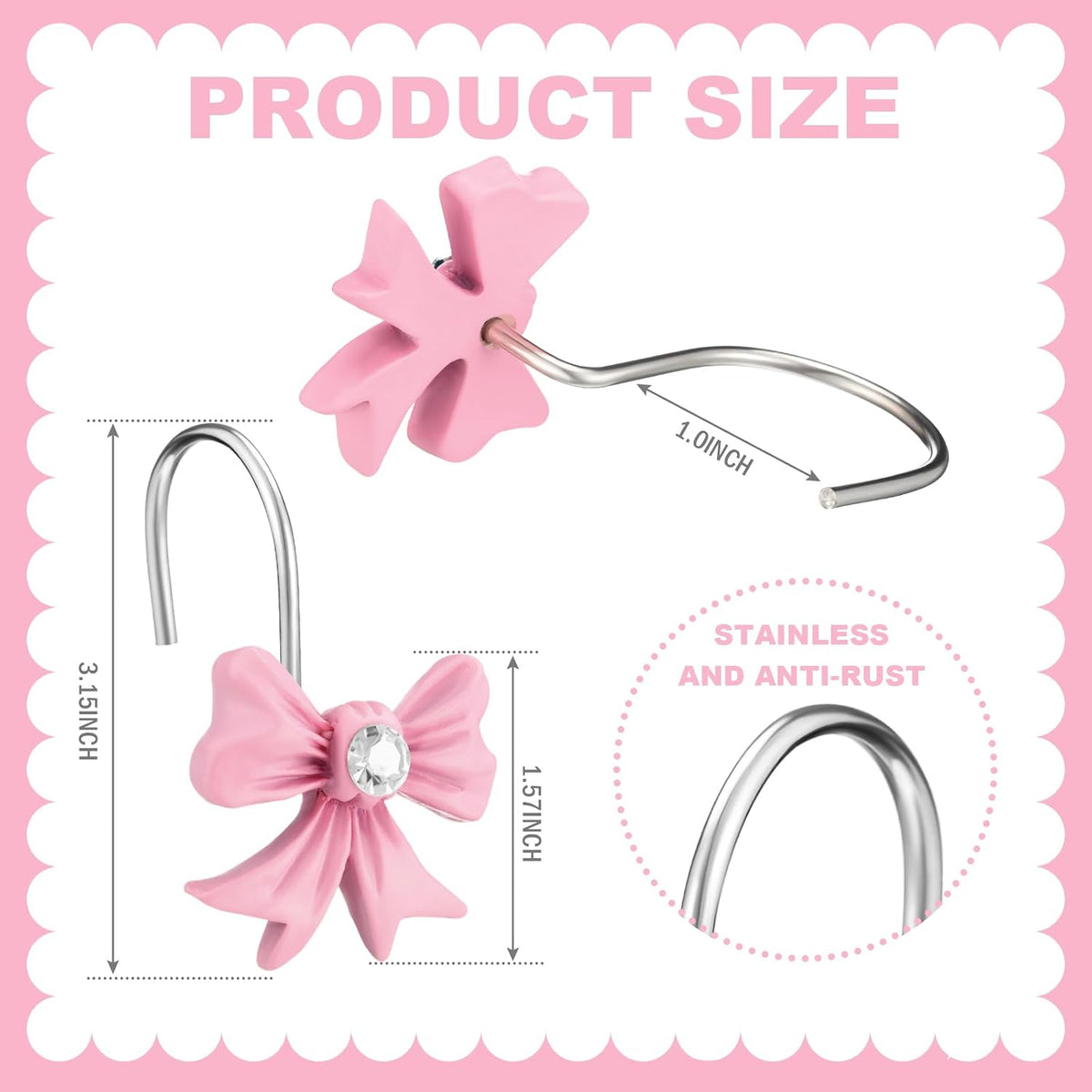 12 Pcs Pink Bow Curtain Shower Hooks, Stainless Steel