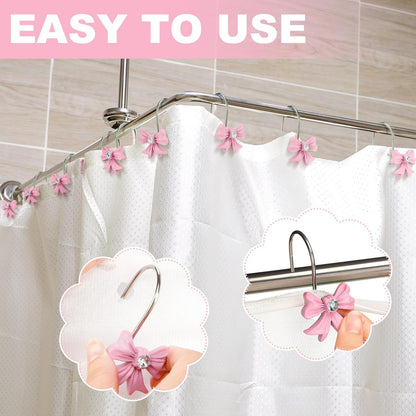 12 Pcs Pink Bow Curtain Shower Hooks, Stainless Steel