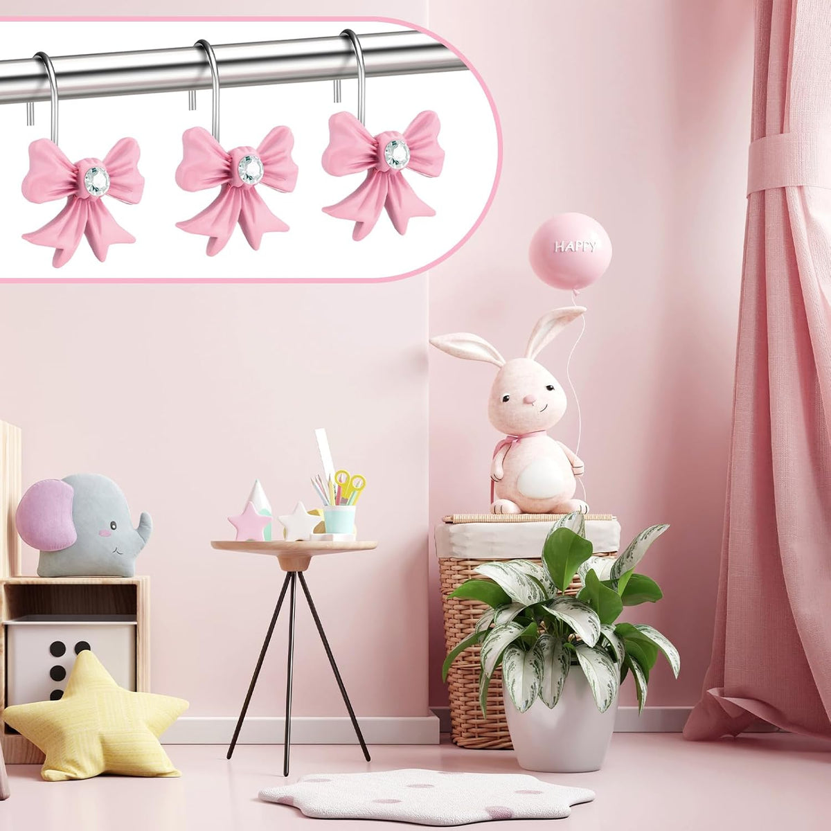 12 Pcs Pink Bow Curtain Shower Hooks, Stainless Steel