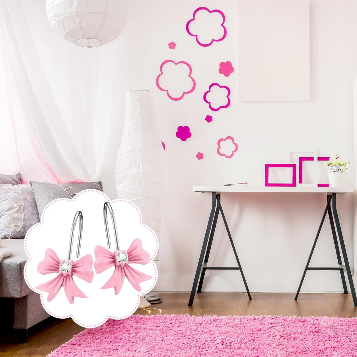 12 Pcs Pink Bow Curtain Shower Hooks, Stainless Steel