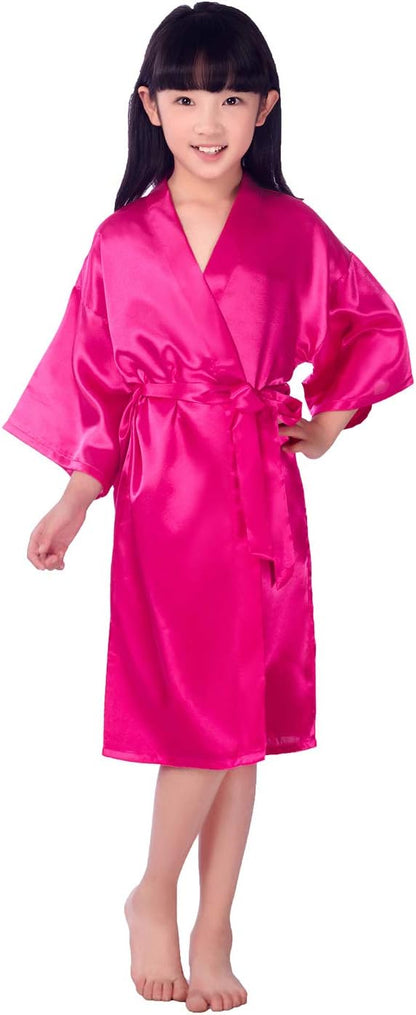 Girls Kid's Silky Satin Kimono Robes for Wedding Spa Birthday Party Gifts Solid Color Bathrobe