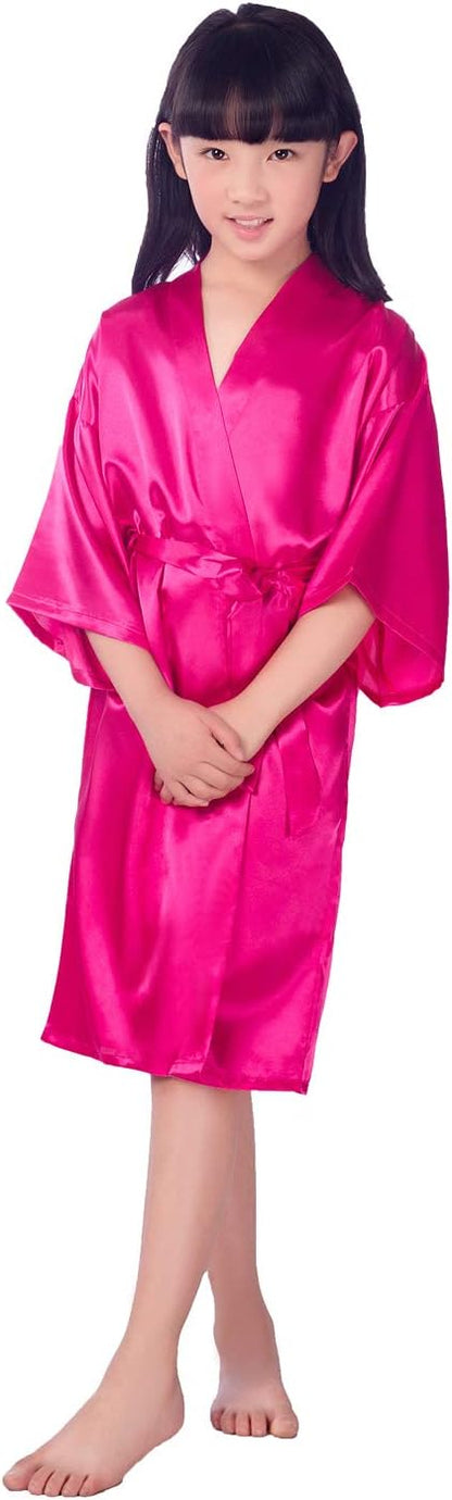 Girls Kid's Silky Satin Kimono Robes for Wedding Spa Birthday Party Gifts Solid Color Bathrobe