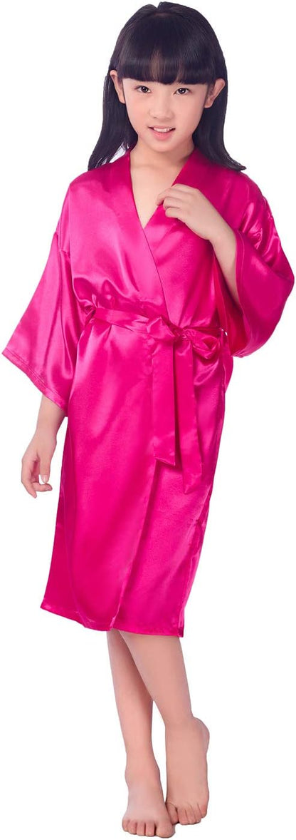 Girls Kid's Silky Satin Kimono Robes for Wedding Spa Birthday Party Gifts Solid Color Bathrobe
