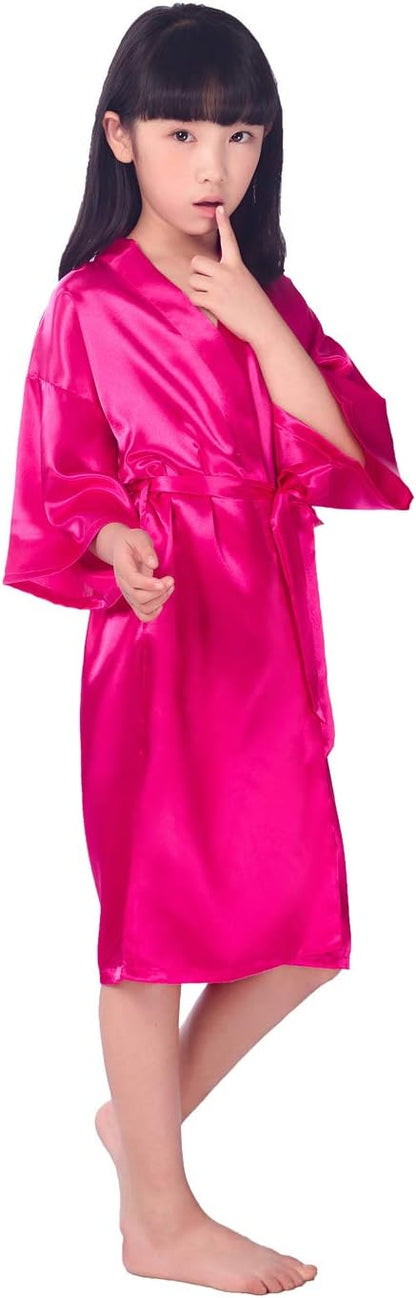 Girls Kid's Silky Satin Kimono Robes for Wedding Spa Birthday Party Gifts Solid Color Bathrobe