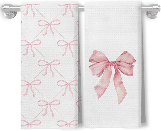 Coquette Pink Bow Kitchen Towels Set of 2, Preppy Pink Hand Towels for Bathroom, Dish Towels Tea Towels for Kitchen, Coquette Girly Bathroom Decor, Kitchen Decor, 16x24 Inch