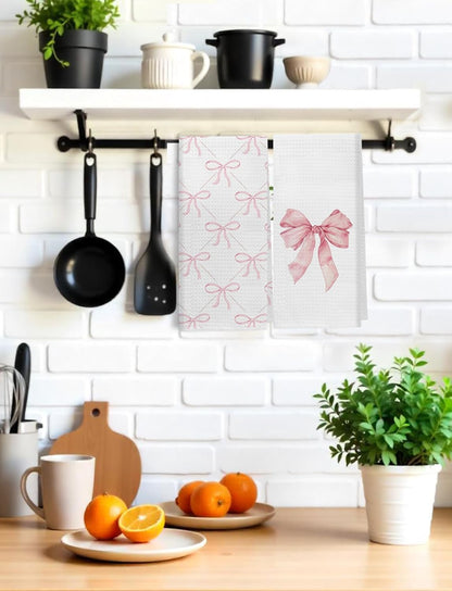 Coquette Pink Bow Kitchen Towels Set of 2, Preppy Pink Hand Towels for Bathroom, Dish Towels Tea Towels for Kitchen, Coquette Girly Bathroom Decor, Kitchen Decor, 16x24 Inch