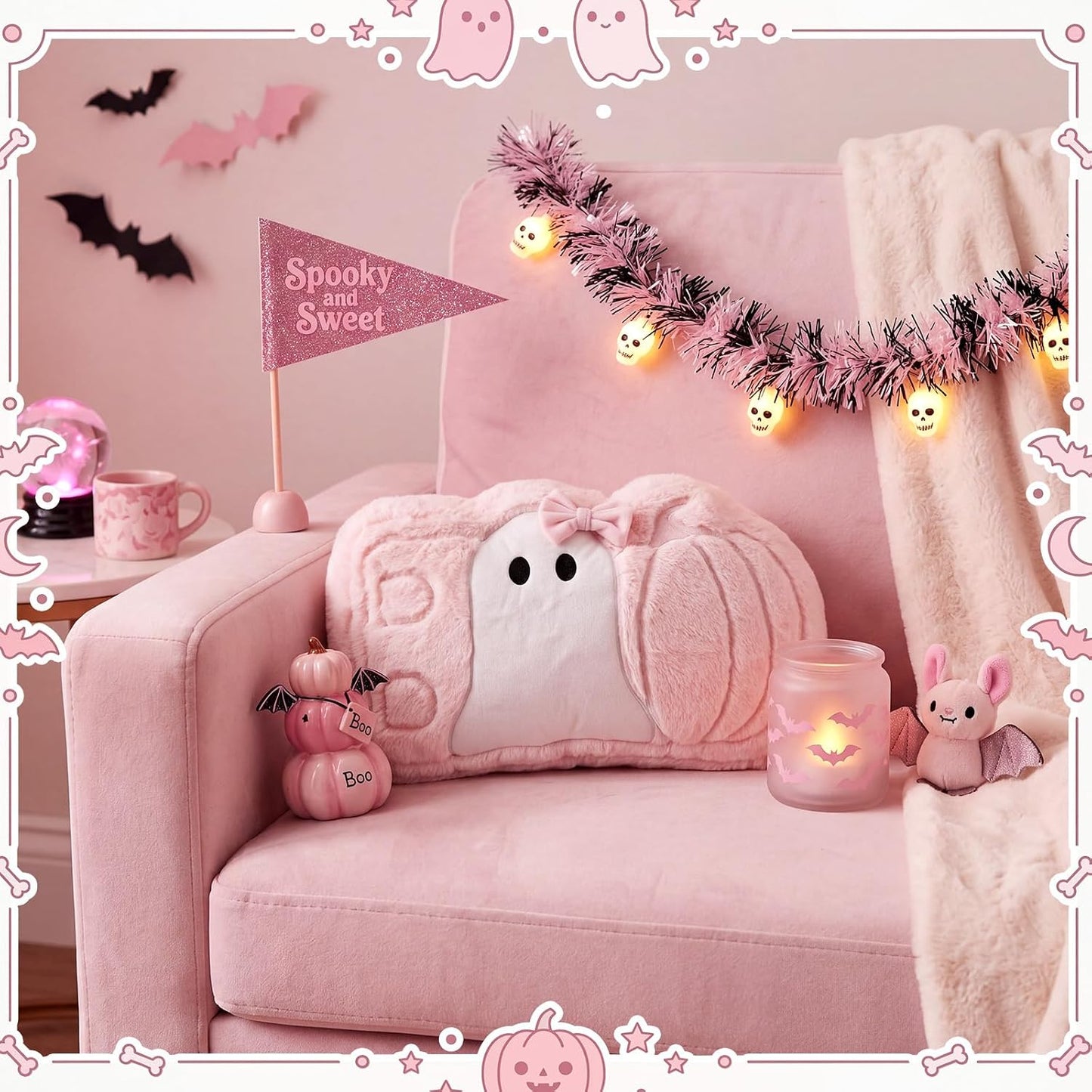Halloween Pink Ghost Theme Pillow Cute Ghost Spooky Pillow Plush