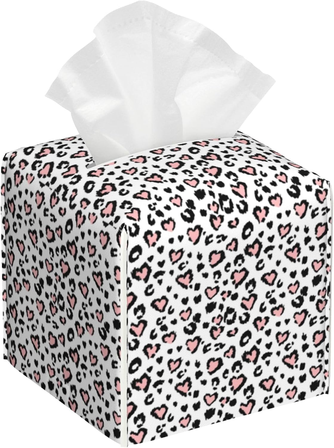 Pink Leopard Print Tissue Box Cover Square, Heart Tissue Box Holder Leather Facial Paper Case Decorative Organizer Holder Dispenser Home Office Car Decor