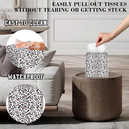 Pink Leopard Print Tissue Box Cover Square, Heart Tissue Box Holder Leather Facial Paper Case Decorative Organizer Holder Dispenser Home Office Car Decor