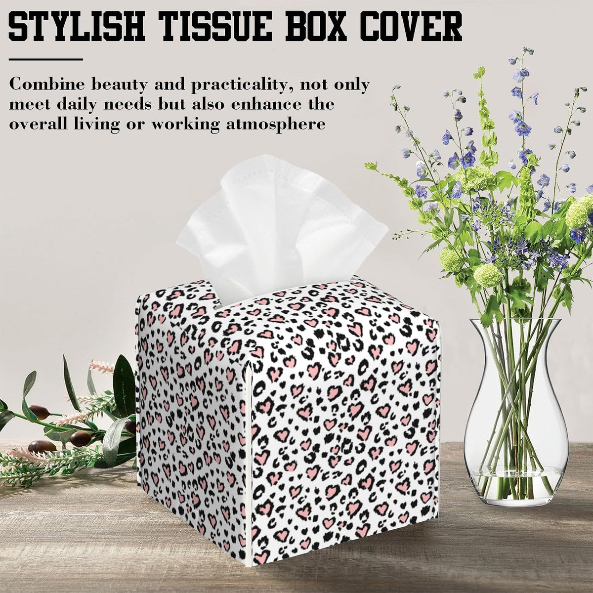 Pink Leopard Print Tissue Box Cover Square, Heart Tissue Box Holder Leather Facial Paper Case Decorative Organizer Holder Dispenser Home Office Car Decor