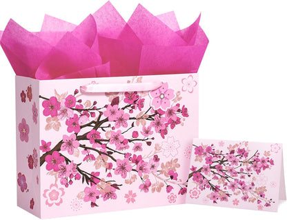 WRAPAHOLIC 13" Large Sakura Gift Bag with Card and Tissue Paper - Cherry Blossom